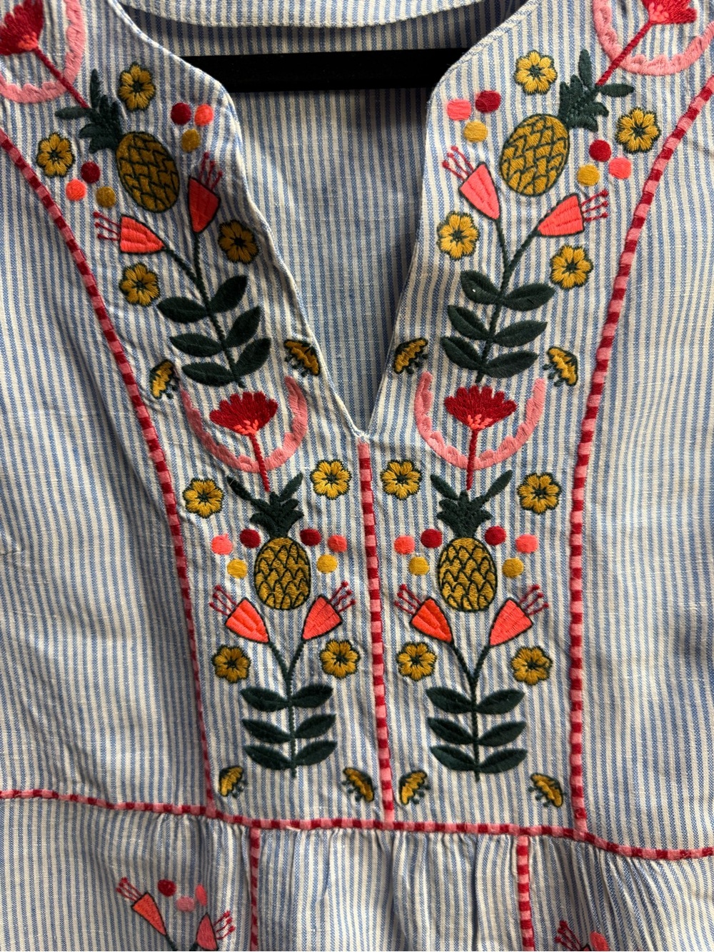 Boden White & Blue Pinstripe Mini Dress with Pink, Green & Yellow Embroidery - Picture 3 of 5